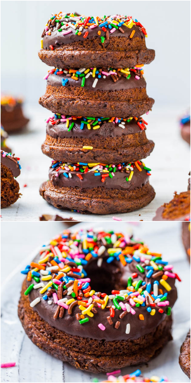 Baked Chocolate Donuts with Chocolate Ganache and Sprinkles - Making donuts at home is as easy as making muffins! They're baked rather than fried so you can have seconds, of course!