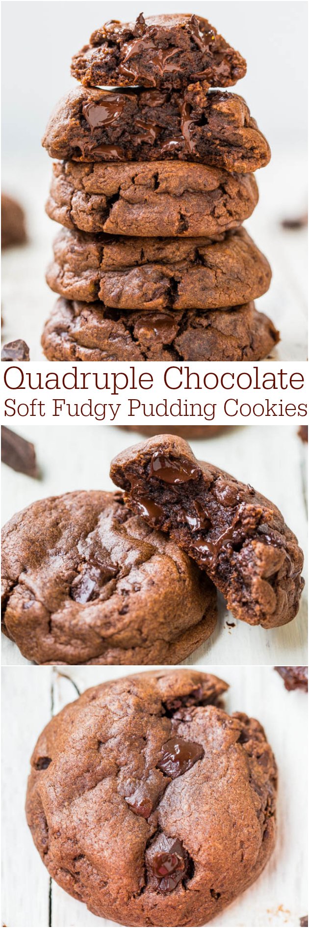 Quadruple Chocolate Soft Fudgy Pudding Cookies - Super soft and loaded with chocolate! They'll handle your fiercest chocolate cravings!!