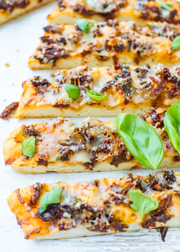 One-Hour Sun-dried Tomato, Basil, and Mozzarella Focaccia Bread - Fast, easy & ready in 1 hour so there's no excuse not to have fresh homemade bread with dinner! 