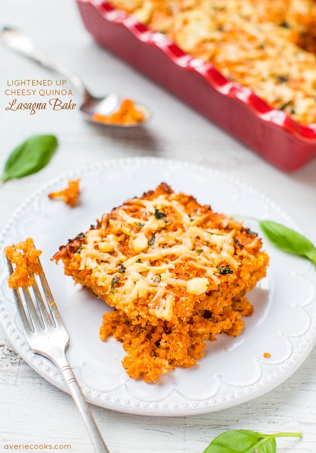Lightened Up Cheesy Quinoa Lasagna Bake (vegetarian/vegan, GF) - This meatless & noodle-less lasagna is hearty, comforting & healthier so you can enjoy your favorite comfort food without worry!