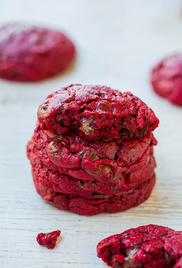 Chocolate Chip Red Velvet Cake Mix Cookies — These chocolate chip red velvet cookies have a secret ingredient — cake mix! These cookies are super ooey gooey and ultra rich! 