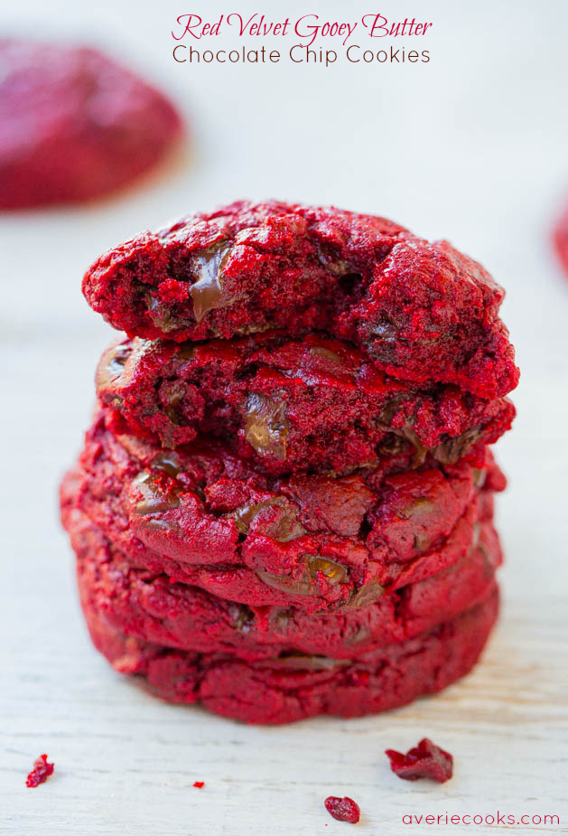 Chocolate Chip Red Velvet Cake Mix Cookies — These chocolate chip red velvet cookies have a secret ingredient — cake mix! These cookies are super ooey gooey and ultra rich! 