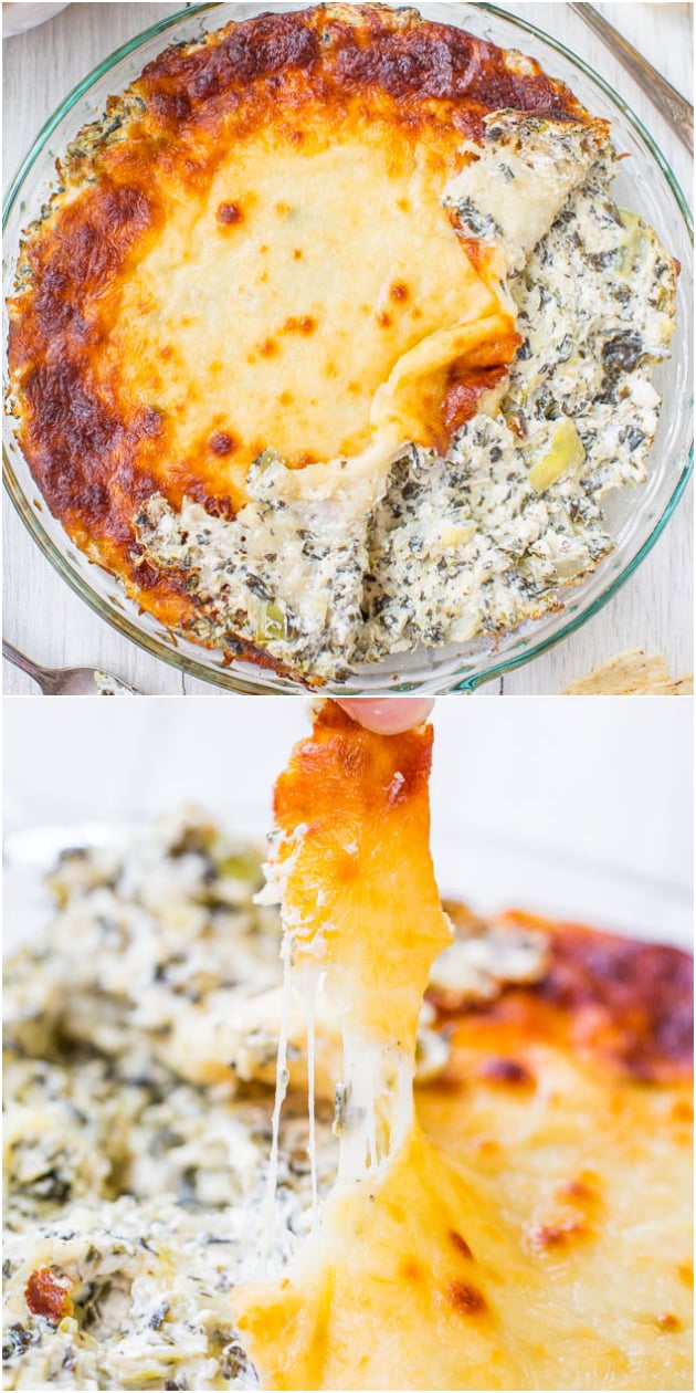 Cheesy Baked Spinach Artichoke Dip — This baked spinach artichoke dip disappears at parties and is a crowd favorite! It's topped with mozzarella, because who doesn't love cheesy dips?