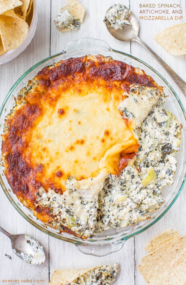 Baked Spinach, Artichoke, and Mozzarella Dip (GF) - Classic spinach & artichoke dip with mozzarella on top! Because everything is better with cheese!