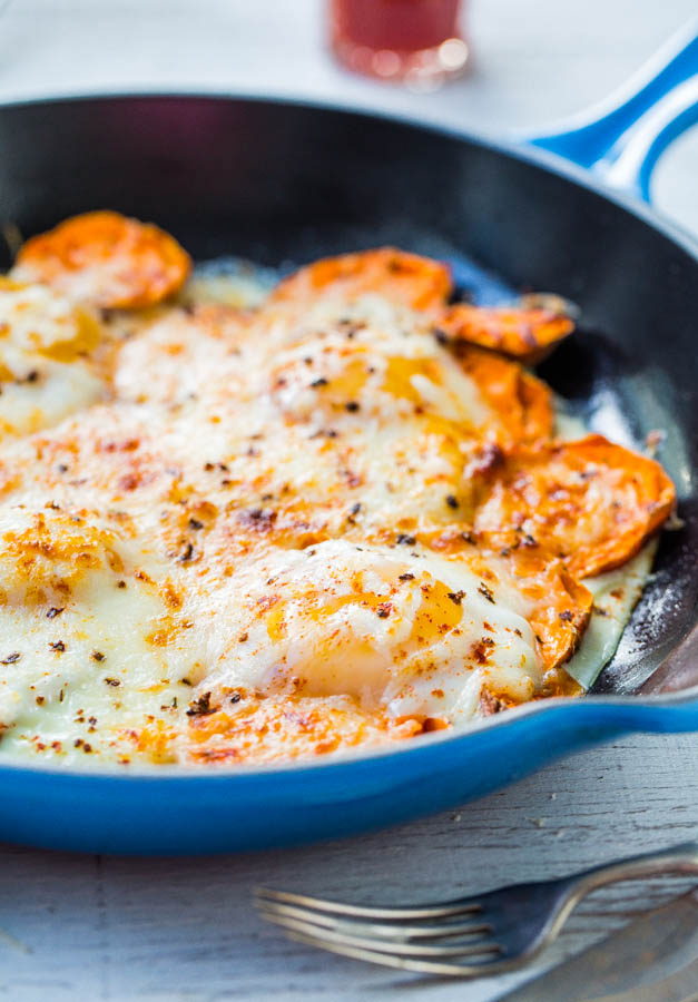 Sweet Potato and Mozzarella Egg Skillet (GF) - Easy, cheesy comfort food that's ready in 15 minutes!