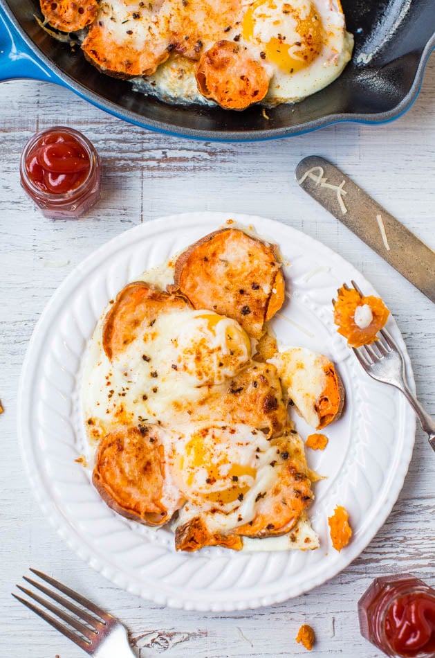 Sweet Potato and Mozzarella Egg Skillet (GF) - Easy, cheesy comfort food that's ready in 15 minutes!
