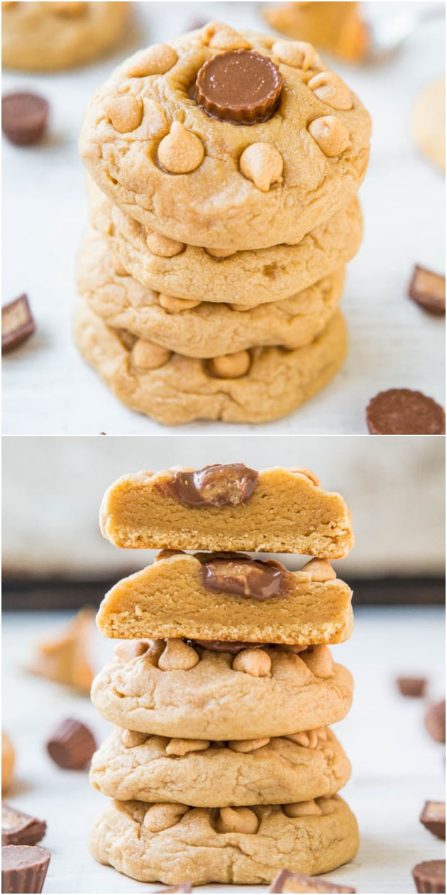 Soft and Chewy Triple Peanut Butter Cookies - PB is used 3 different ways in these melt-in-your mouth cookies! Batch size of just 8 cookies when you don't 'need' dozens laying around!