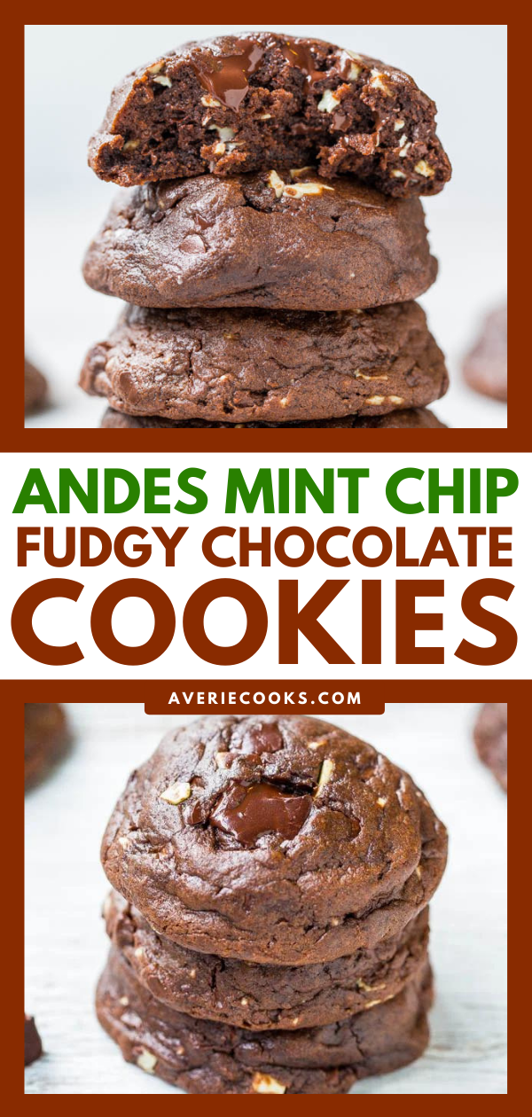 Chocolate Chip Andes Mint Cookies — These quadruple chocolate Andes mint cookies are big, bakery-style cookies that are rich, not overly sweet, and loaded with chocolate and mint chips.