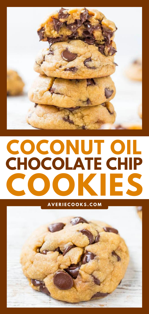 Coconut Oil Chocolate Chip Cookies — You won't miss the butter at all in these coconut oil chocolate chip cookies! They're so soft and ever so slightly chewy. Dangerously good!  
