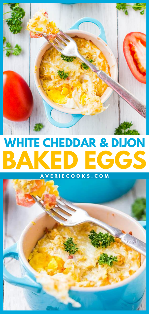 White Cheddar and Dijon Baked Eggs - Fast & easy comfort food that's ready in 15 minutes! The Dijon & cheese just jazz these eggs right up!