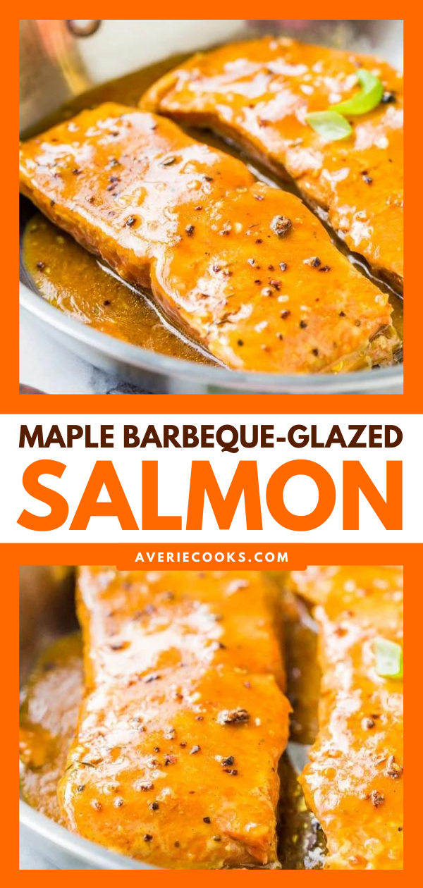 Maple BBQ Salmon — The BBQ glazed salmon is smoky and sweet with a bit of heat and makes this 15-minute recipe just pop! Perfect for busy weeknights! 