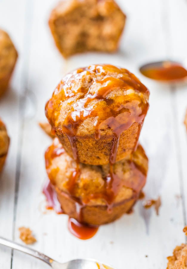 Salted Caramel Buttermilk Brown Sugar Muffins - Soft, fluffy muffins that are dripping with salted caramel! Best breakfast ever!