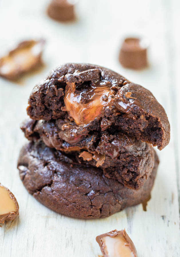 Caramel-Stuffed Quadruple Chocolate Cookies - Soft & chewy cookies with four kinds of chocolate and so much gooey caramel! Insanely good!