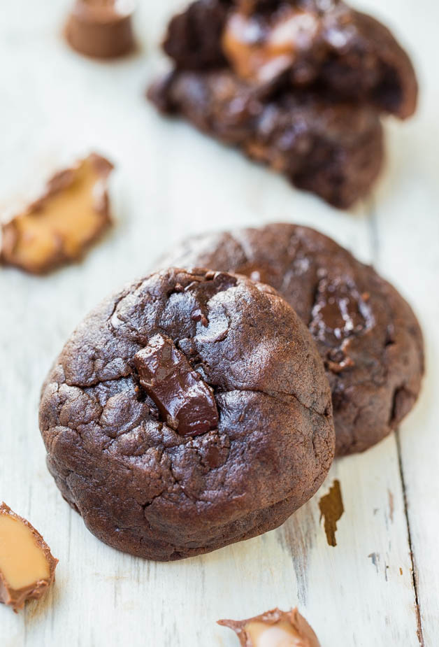 Caramel-Stuffed Quadruple Chocolate Cookies - Soft & chewy cookies with four kinds of chocolate and so much gooey caramel! Insanely good!