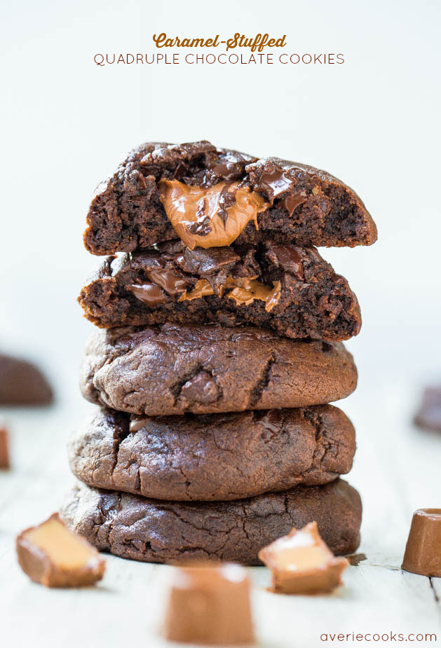 Quadruple Chocolate Rolo Cookies — Soft and chewy cookies made with four kinds of chocolate and stuffed with Rolo candies! Ooey, gooey, and addictive! 