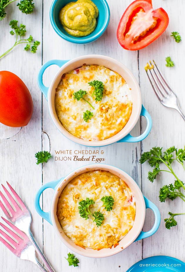 White Cheddar and Dijon Baked Eggs - Fast & easy comfort food that's ready in 15 minutes! The Dijon & cheese just jazz these eggs right up!