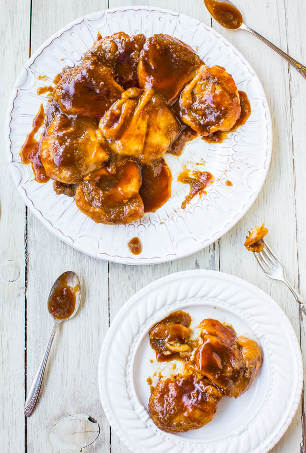 Salted Caramel Sticky Buns - The easiest stickiest buns ever & ready in 30 minutes! Drenched in salted caramel for maximum sticky-ness!