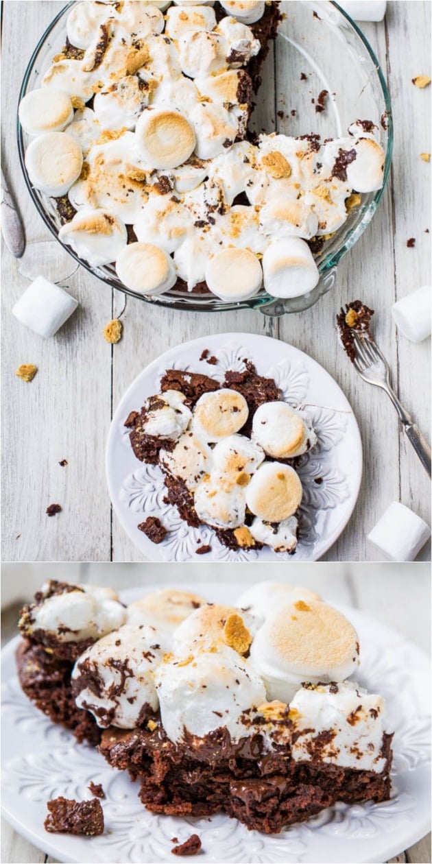 Smores Brownie Pie - No campfire? No problem! Fudgy brownies topped with toasted marshmallows & graham cracker crumbs. Best smores ever!