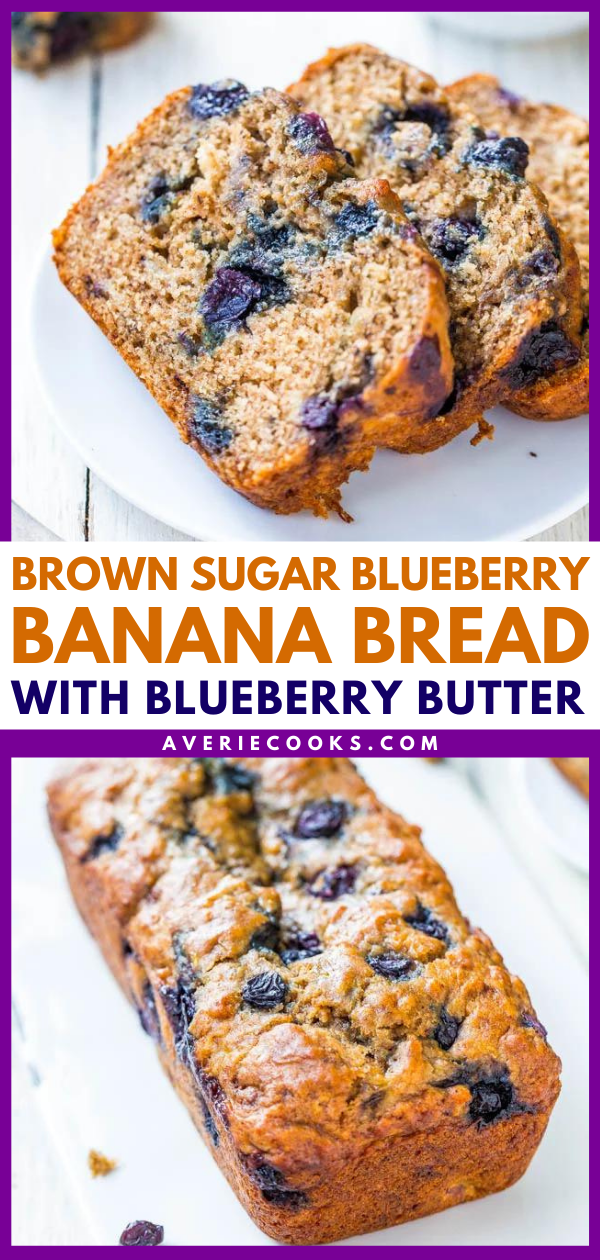 Brown Sugar Blueberry Banana Bread — Super moist blueberry banana bread made with Greek yogurt and dark brown sugar. Smear some homemade blueberry butter onto a slice of this blueberry brown sugar banana bread and prepare to fall in love! 