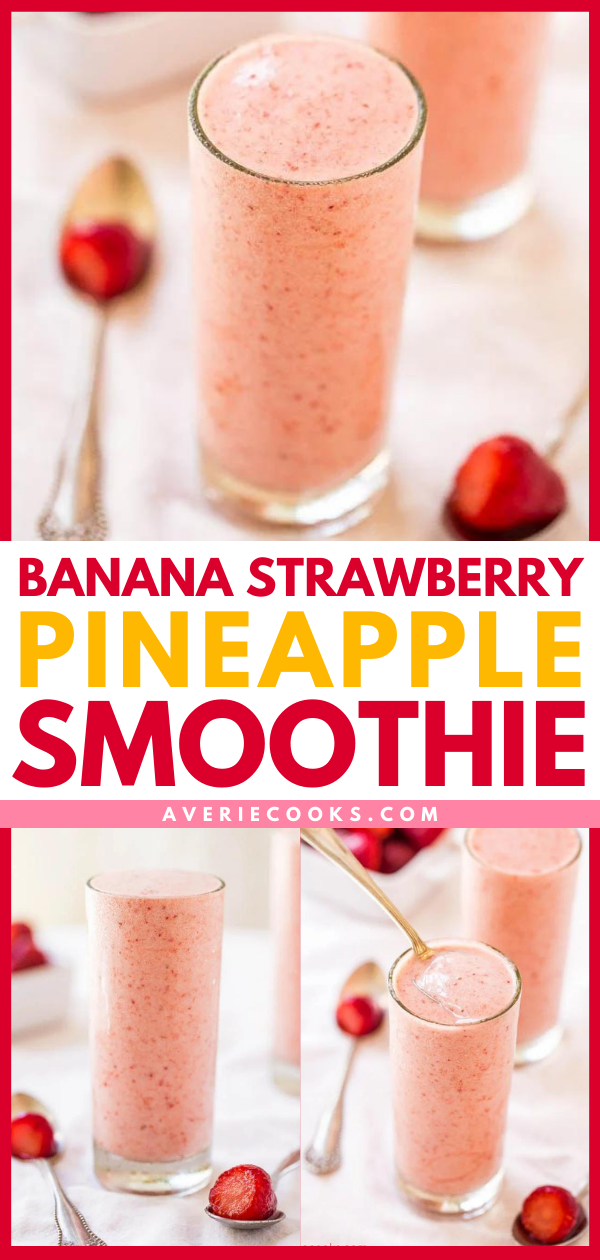 This Strawberry Banana Pineapple Smoothie contains no added sugar and won’t derail your diet. Sweet strawberries, creamy bananas, and a splash of pineapple juice helps brighten the smoothie and gives it a subtle tropical vibe!