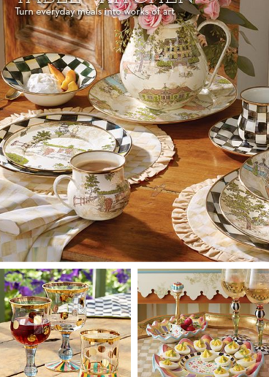Three arrangements of tableware collections featuring artistic designs, including a teapot set, colorful glassware, and a dessert presentation.