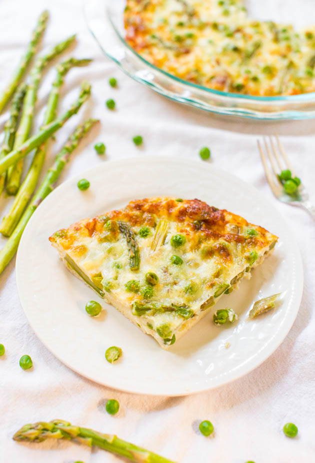 Cheesy Asparagus Frittata — This spring frittata recipe is loaded with asparagus, peas, and gouda cheese! It's a flexible, 25-minute recipe your whole family will love! 