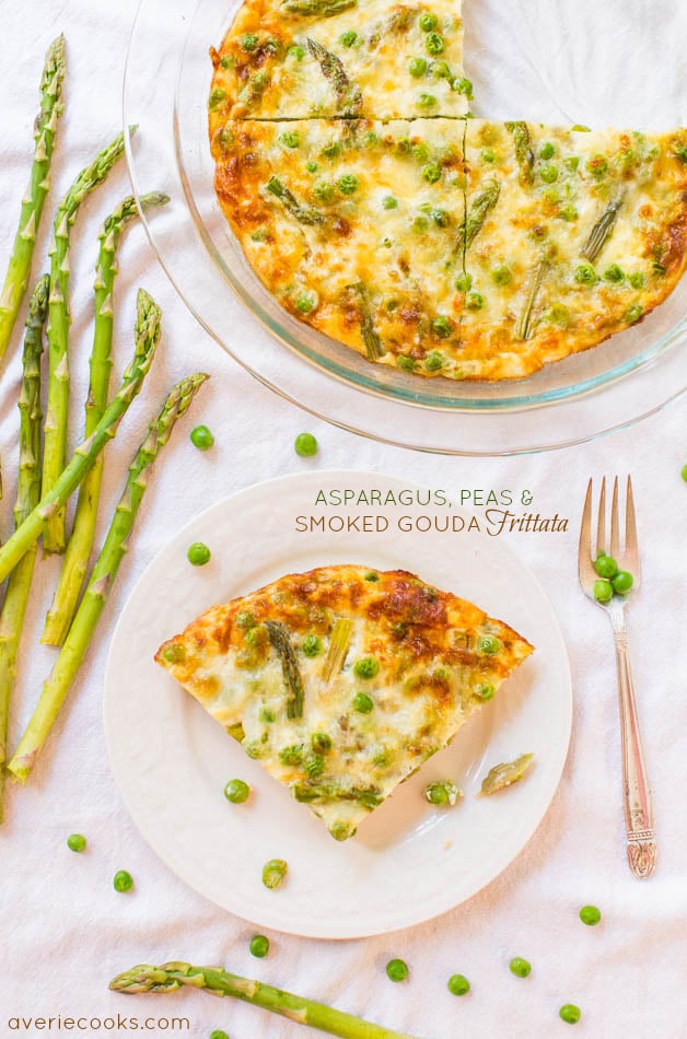 Cheesy Asparagus Frittata — This spring frittata recipe is loaded with asparagus, peas, and gouda cheese! It's a flexible, 25-minute recipe your whole family will love! 