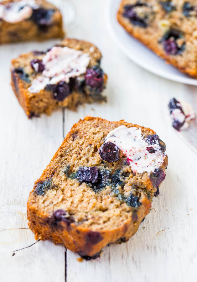 slices of Brown Sugar Blueberry Banana Bread topped with Blueberry Butter 