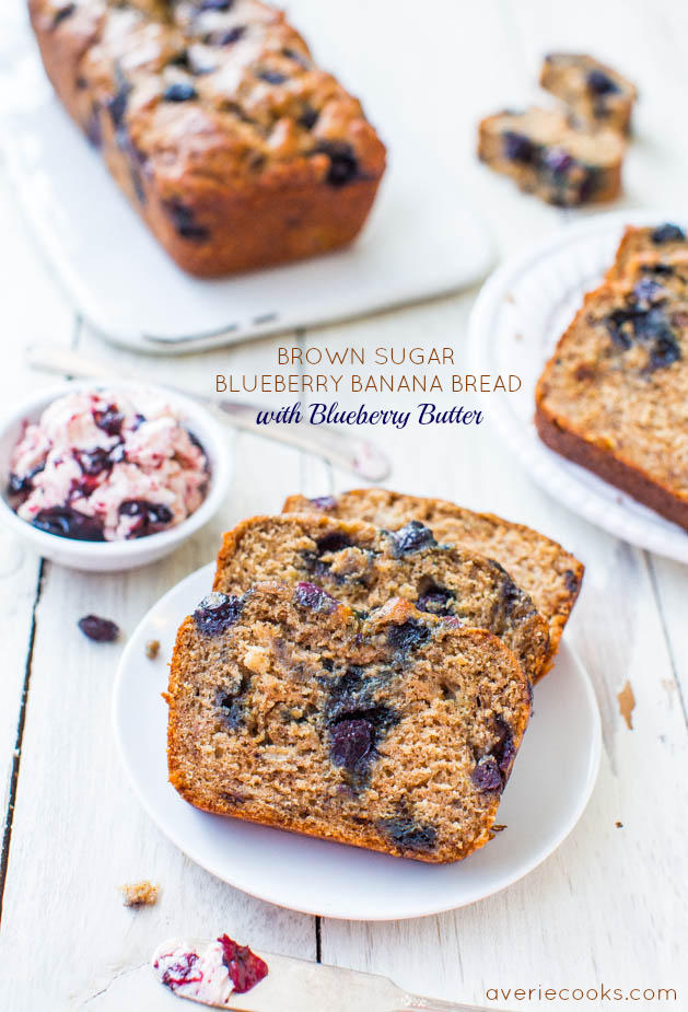 Brown Sugar Blueberry Banana Bread with Blueberry Butter - Blueberry coffee cake meets super soft banana bread! So good!