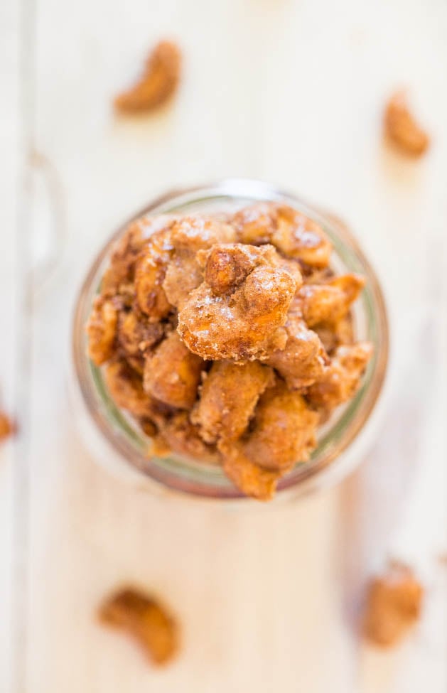 Cinnamon Sugar Candied Cashews (GF) - Make the fancy storebought kind at home! Salty-and-sweet, ready in 30 mins & so good!