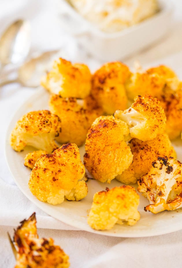 Roasted Cauliflower with Creamy Parmesan Dip - Even people who say they don't like cauliflower will love this version! Healthy & easy!