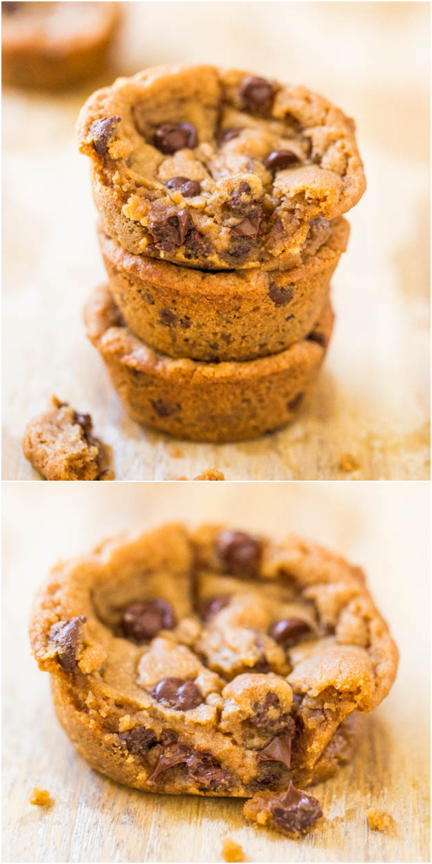 Peanut Butter Chocolate Chip Cookie Cups - Supremely soft cookies & impossible to spread or goof up! Ready in 20 mins!
