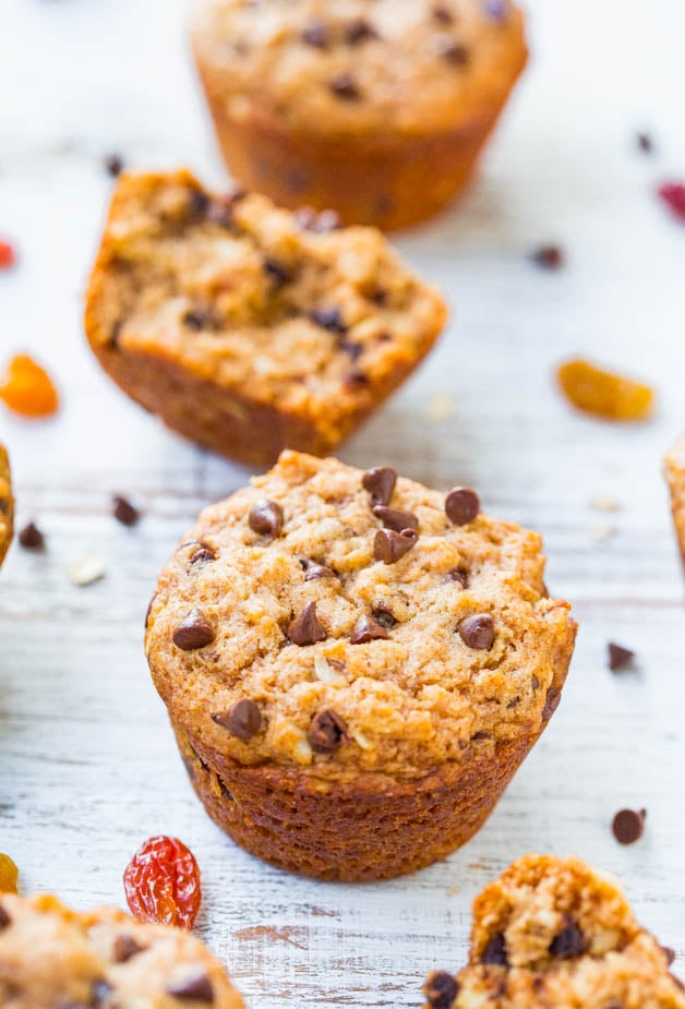 Oatmeal & Chocolate Chip Trail Mix Vegan Muffins - Fast, easy, healthy & made with your favorite trail mix ingredients!