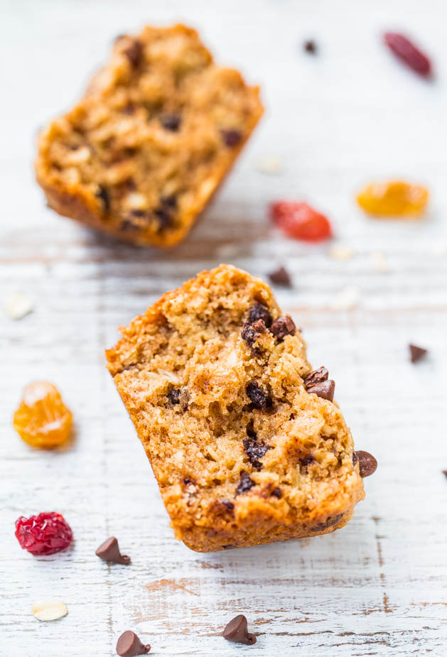 Oatmeal & Chocolate Chip Trail Mix Vegan Muffins - Fast, easy, healthy & made with your favorite trail mix ingredients!