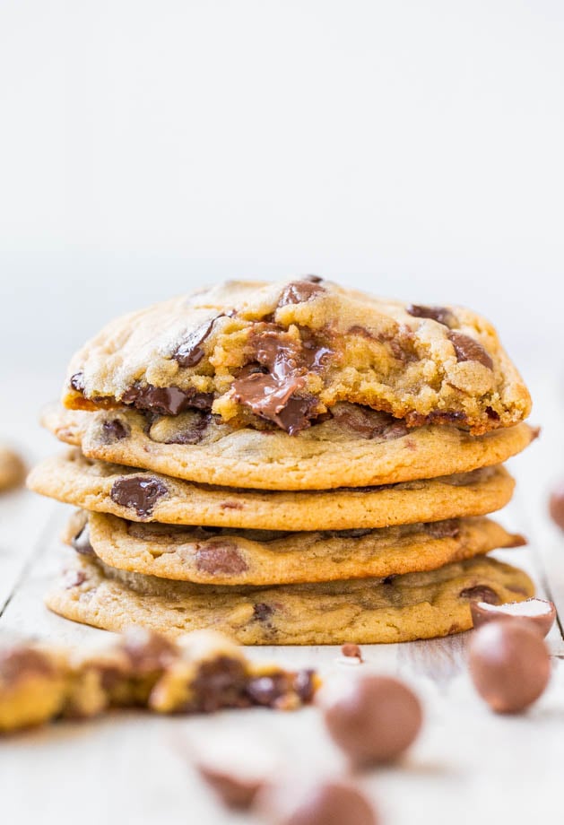 Double Malted Milk Cookies — Soft and chewy malted milk cookies loaded with Whoppers and chocolate chips! One of my favorite malted milk powder recipes! 