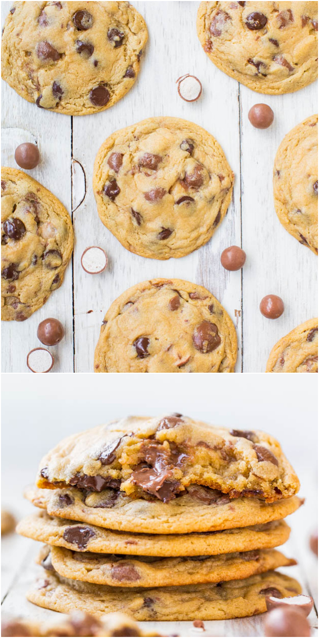 Malted Milk & Whoppers Chocolate Chip Cookies - Soft & chewy cookies loaded with Whoppers make you feel like a kid again!