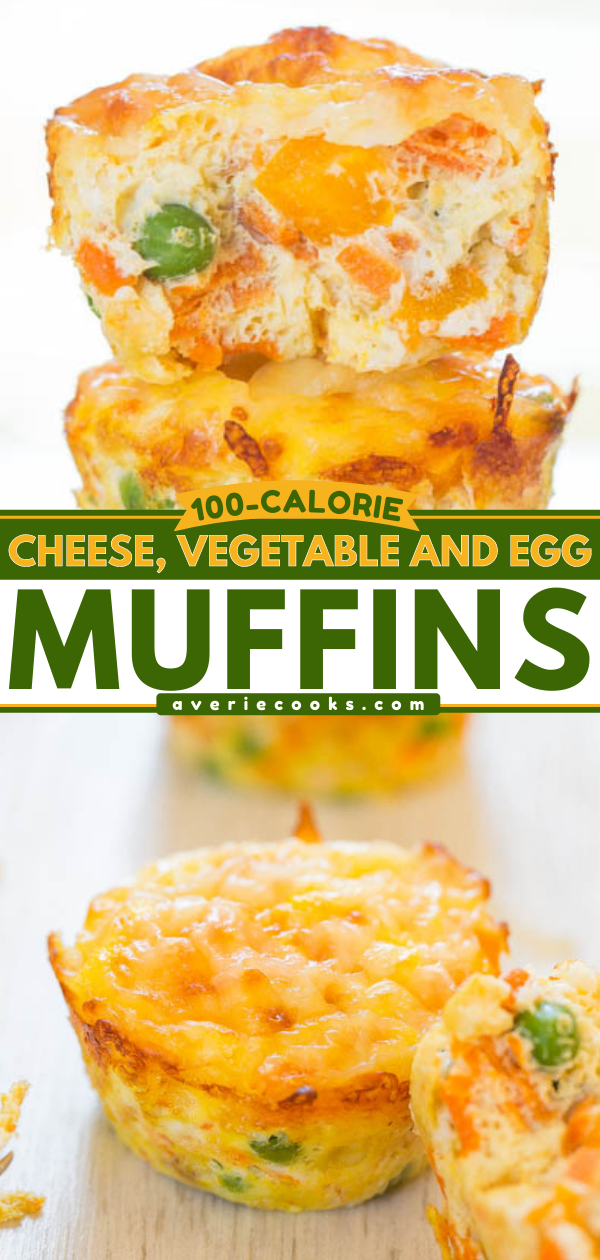 Baked Egg Muffins — 100-calorie, portable, baked egg muffins that you can enjoy without worry! These healthy egg muffins are stuffed with protein, veggies, and cheese. The best kind of breakfast! Or snack. Or dinner.