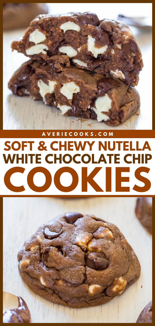 Soft & Chewy White Chocolate Chip Nutella Cookies — Thick, rich, chocolaty cookies that are so soft you won't be able to resist them!