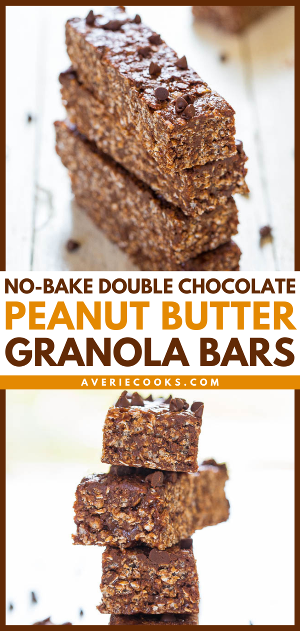 No-Bake Double Chocolate Peanut Butter Granola Bars — These homemade granola bars are ready in just 10 minutes! Packed with peanut butter chocolate flavor, they're bound to be your new favorite snack in no time! 