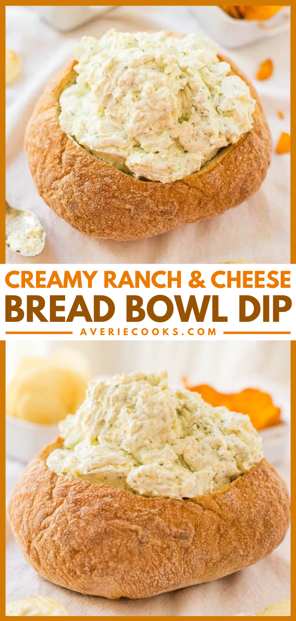 Creamy Ranch and Cheese Bread Bowl Dip — A no-bake, easy dip that's packed with bold flavor! A perfect party dip and you get to eat the bowl!