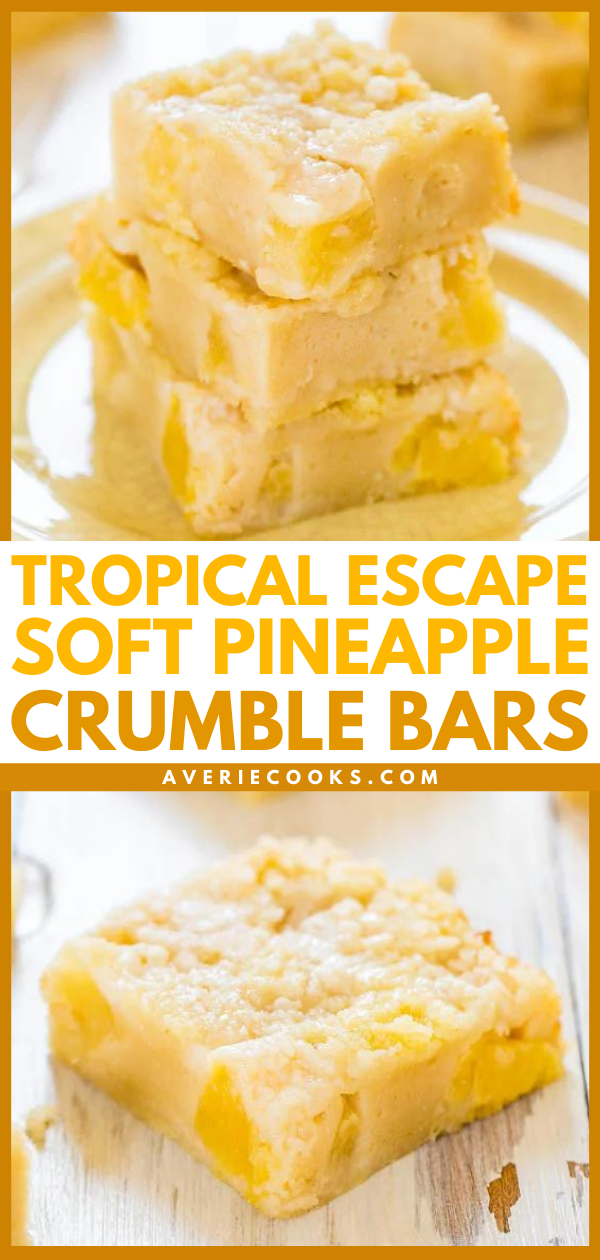 Soft Pineapple Bars — In need of a tropical pineapple dessert? Look no further than these pineapple bars! There’s an abundance of pineapple chunks in every bite, which are surrounded by a custardy, creamy filling! 