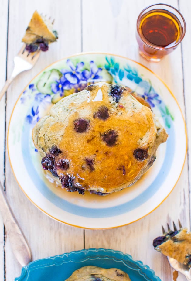 Dairy-Free Pancakes — Healthier pancakes that are soft, fluffy, and light! I loaded mine up with blueberries, but you can tailor this recipe to suit your preferences!  