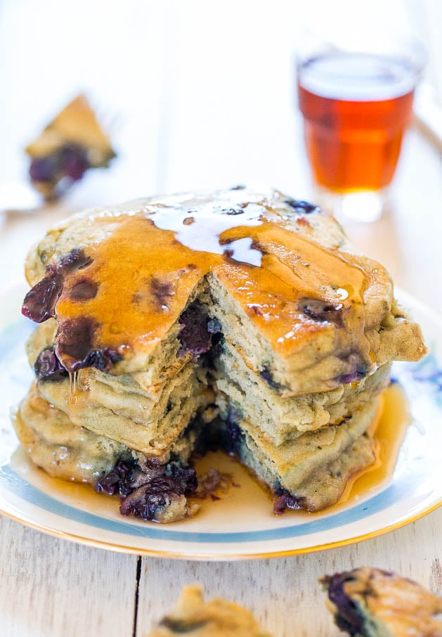 Dairy-Free Soft and Fluffy Blueberry Pancakes - Healthier pancakes that are soft, fluffy, light & just bursting with blueberries!