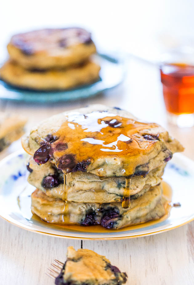 Dairy-Free Pancakes — Healthier pancakes that are soft, fluffy, and light! I loaded mine up with blueberries, but you can tailor this recipe to suit your preferences!  