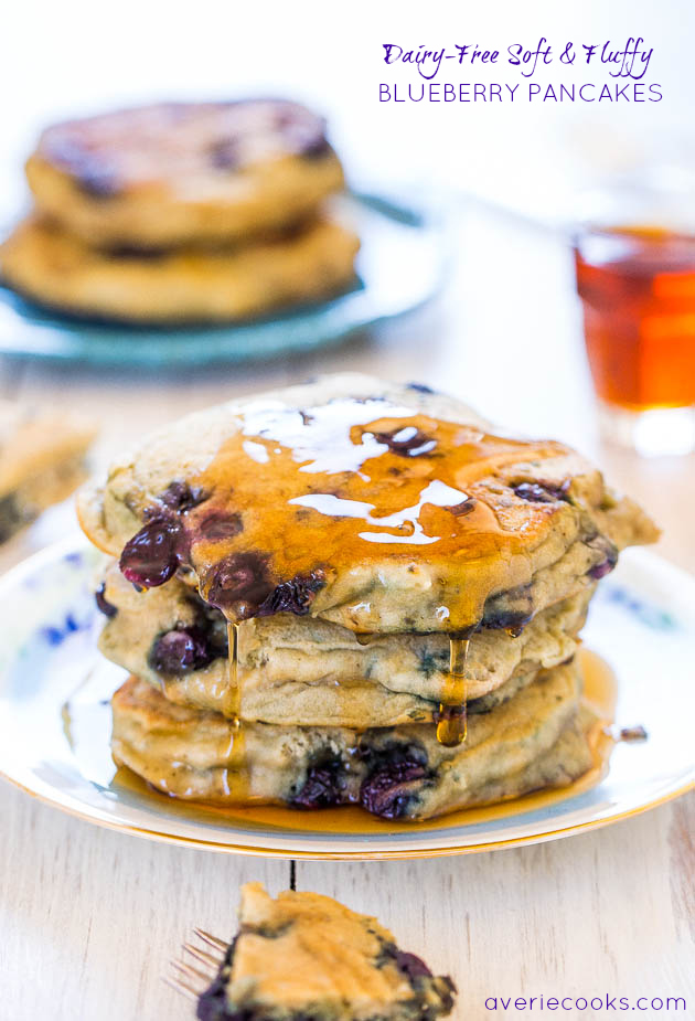 Dairy-Free Soft and Fluffy Blueberry Pancakes - Healthier pancakes that are soft, fluffy, light & just bursting with blueberries!