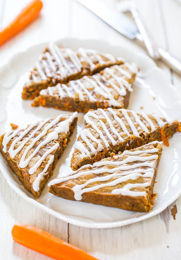 Soft Carrot Cake Bars with Cream Cheese Glaze - Super soft bars that taste like blondies packed with chewy carrots! So good & a must-make!