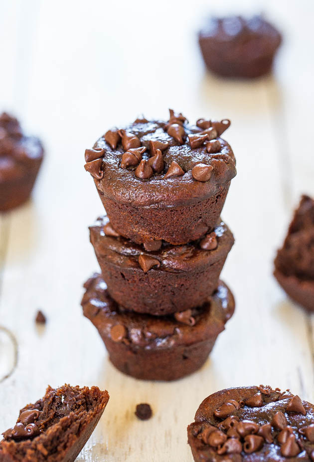 Three stacked Healthy Chocolate Peanut Butter Muffins