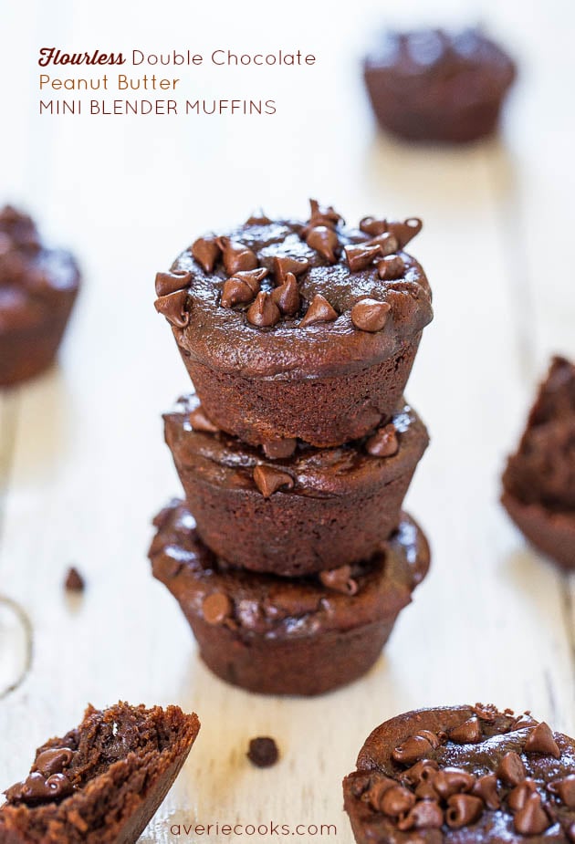 Flourless Double Chocolate Peanut Butter Mini Blender Muffins (GF) - No refined sugar, flour, oil & only 75 calories! They taste amazing!