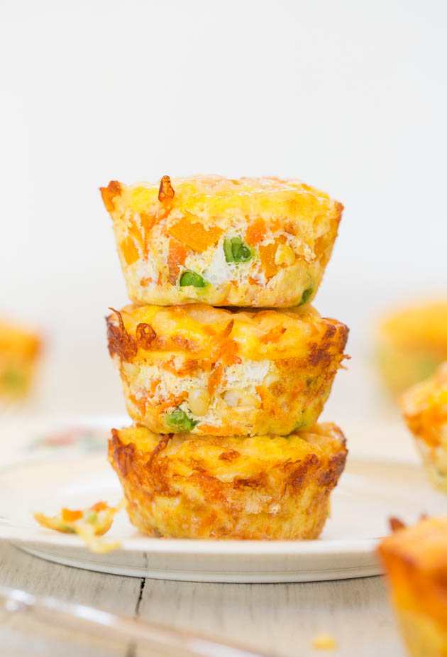 Cheese and Veggie Egg muffins Stacked on plate
