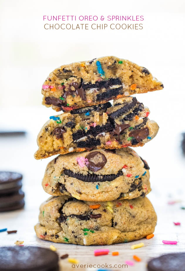 Funfetti Oreo & Sprinkles Chocolate Chip Cookies - Soft & chewy cookies loaded with crunchy Oreos & sprinkles in every bite! 